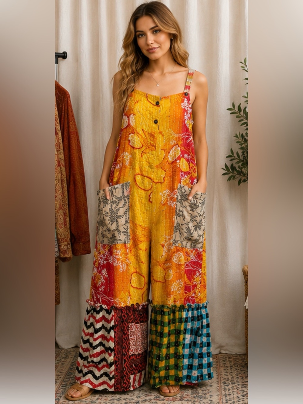 88🌟  Handmade Kantha Wide Leg Jumpsuit | Boho XL